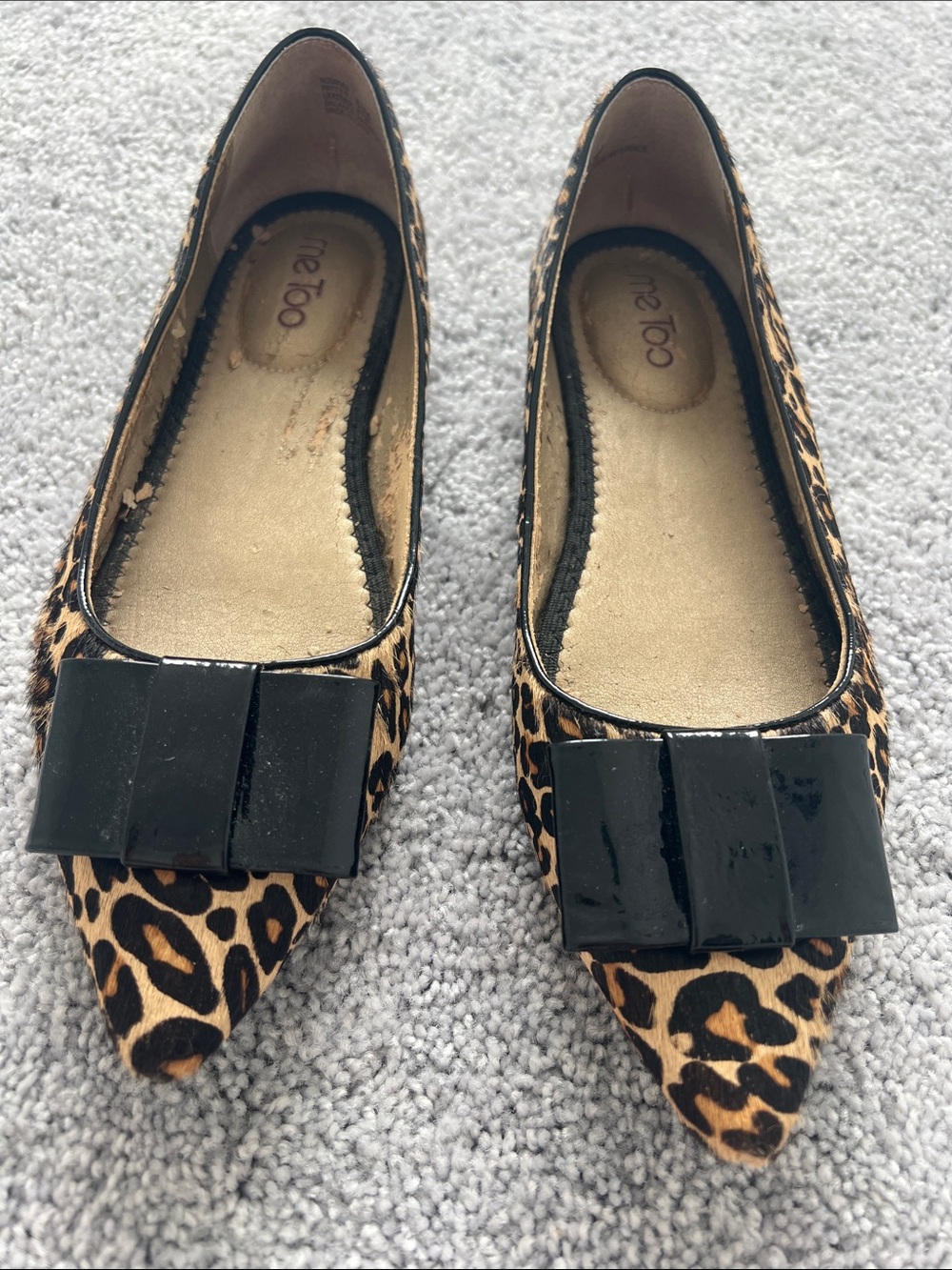 me too Leopard-Print Pointed Flats with Black Patent Bow